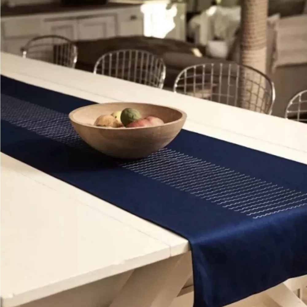 ALLTRUE Table Runner Territory Navy Blue White Cotton 18 X 70 Zig Zag Waves